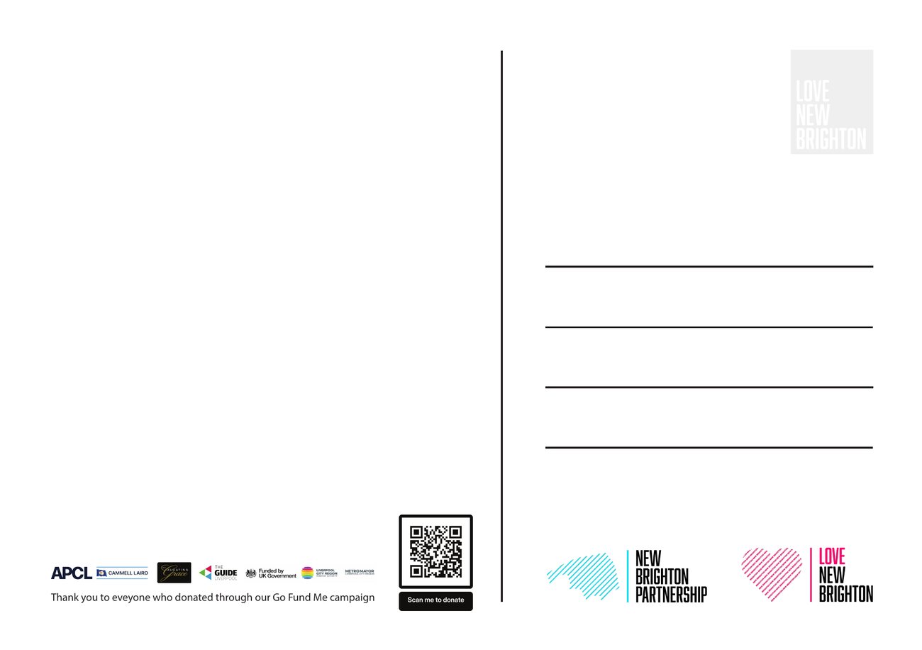 The back of the postcard: thank you to everyone who donated through our GoFundMe campaign, the sponsor and funder logos, a QR code to donate, and the New Brighton Partnership and Love New Brighton marks.